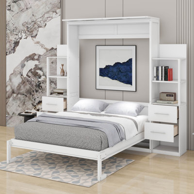 Queen Size Murphy Bed Wall Bed With Drawers,Shelves And LED Lights