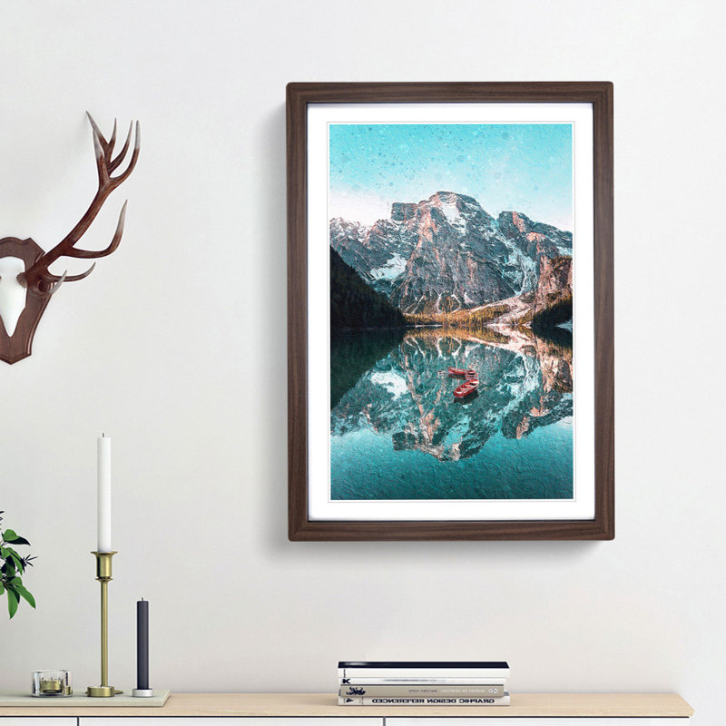 Boats in Lago Di Braies Italy in Abstract - Picture Frame Painting Print, Walnut Framed, 48cm H x 36cm W x 2cm D
