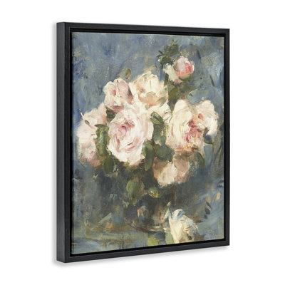 Cadre flottant rétro sur fond bleu avec roses roses, design par Leah Straatsma
