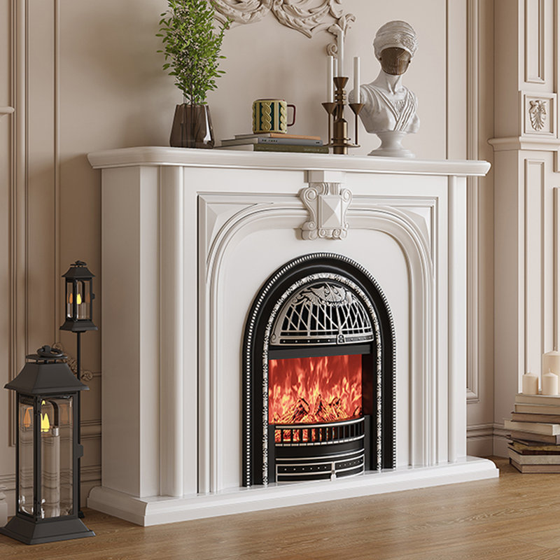 Beige Solid Wood Electric Fireplace