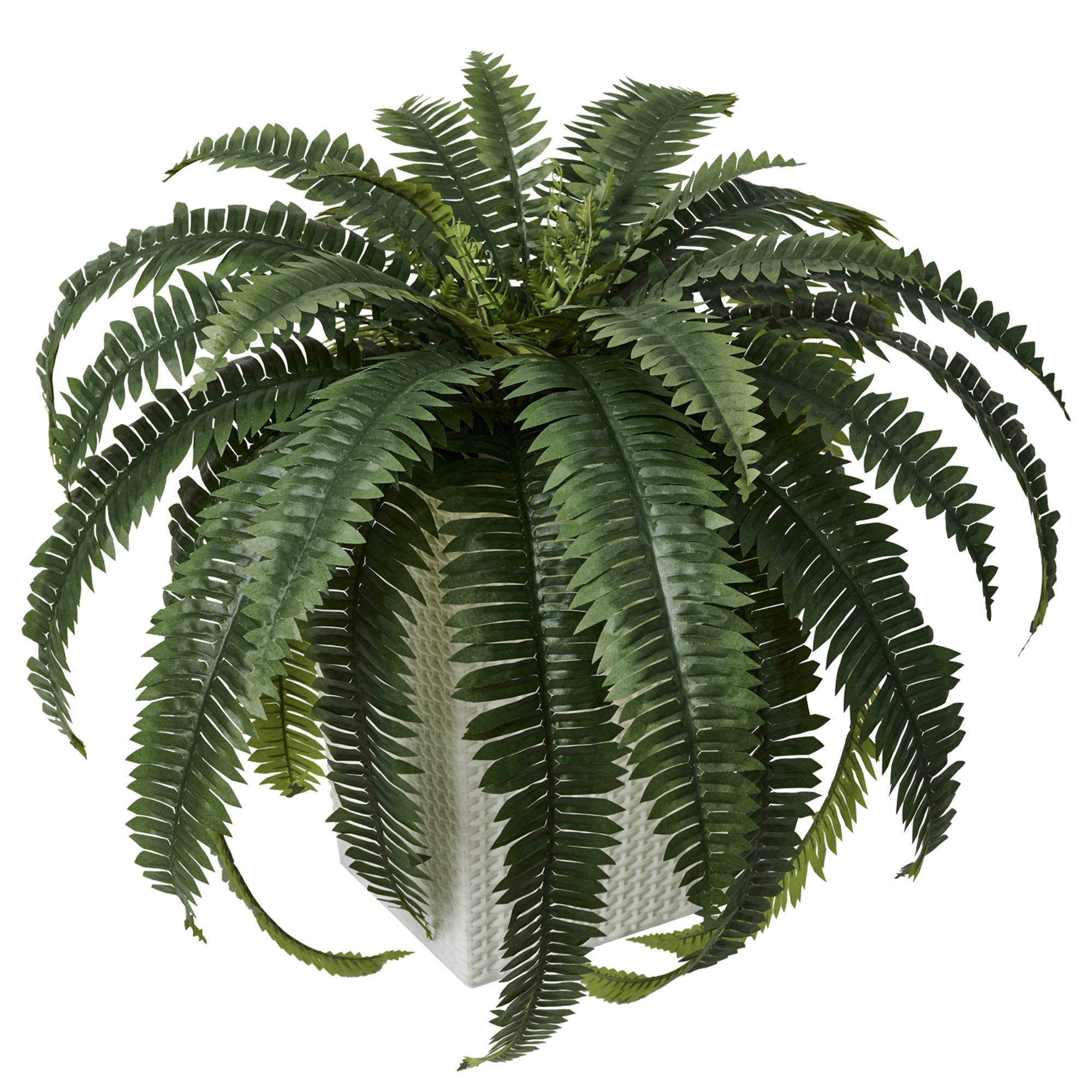 Adcock Artificial Boston Fern Bush Plant with Tapered Planter - UV Resistant Faux Ferns with 33 Leaves, White, 1