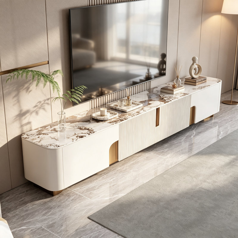79'' Modern Beige Rectangular TV Stands with 4 Storages, Glossy Pandora Sintered Stone Table Top, Not Assembly Needed