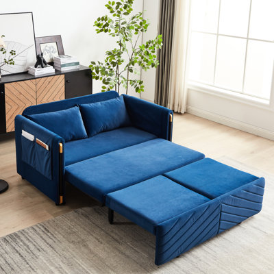 Lit convertible de 54 po, velours avec mécanisme coulissant, 2 poches pour accoudoirs détachables, coussins, bleu pour une variété de décors