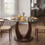 Table de salle à manger ronde moderne 2 en 1 en verre, table de cuisine sur pied central de 99 cm avec base en bois incurvée réglable, table de salle à manger peu encombrante pour 4 personnes, plateau en verre trempé et finition noyer de style milieu du siècle