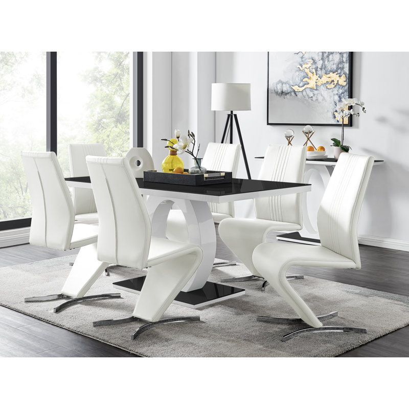 Scottsmoor Modern High Gloss Halo 6 Seater Dining Table Set with Luxury Faux Leather Dining Chairs, White, Black