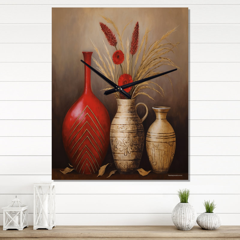Horloge murale nature morte rouge avec blé et fleurs rouges, Grand