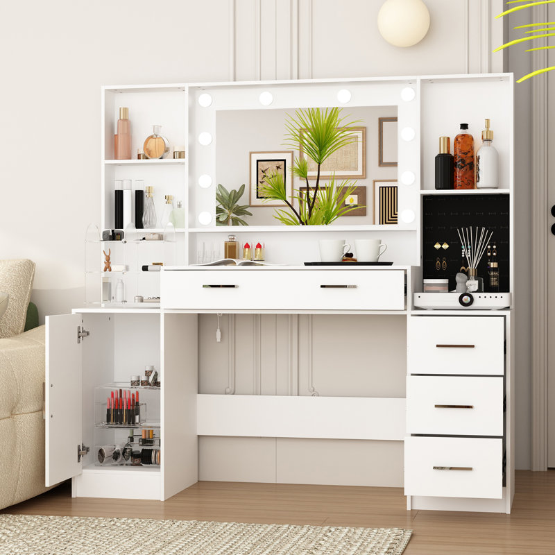 Vanity Desk with Mirror and Lights, Makeup Desk with Jewelry Organizer, Makeup Vanity with Glass Top, Dressing Table with Drawers and Shelves for Bedroom, White, 140 cm(W)× 137.9 cm(H)
