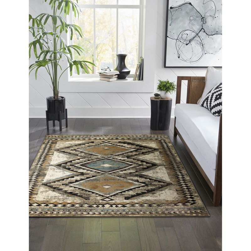 Tapis gris / noir / jaune en polypropylène tissé à la machine Southwestern, Rectangle 8 pi 10 po x 11 pi 9 po