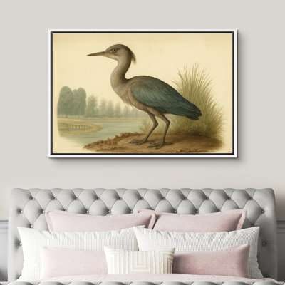 Héron gris debout au bord de l'eau avec des arbres et de l'herbe - reproduction d'art sur toile encadrée