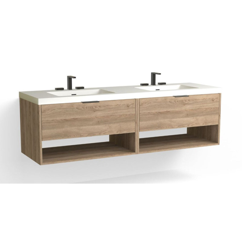Modo 72" W Wall Mounted Double Bathroom Vanity, White Acrylic, Matte Black, Matte White/8" Widespread