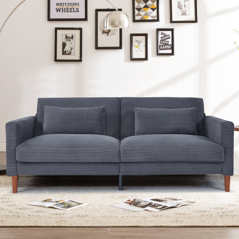 74 Inch Corduroy Sofa: Extra Deep Comfort, Mid-Century Modern 3-Seater Loveseat Couch, Gray