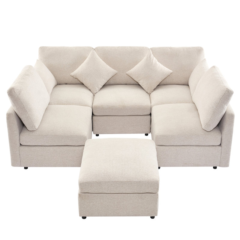 Canapé-lit modulaire rembourré 6 pièces Virelle, Chenille beige