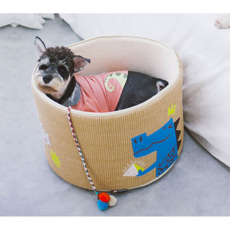 Touchcat 'Claw-ver Nest' Rounded Scratching Cat Bed w/ Teaser Toy, Khaki
