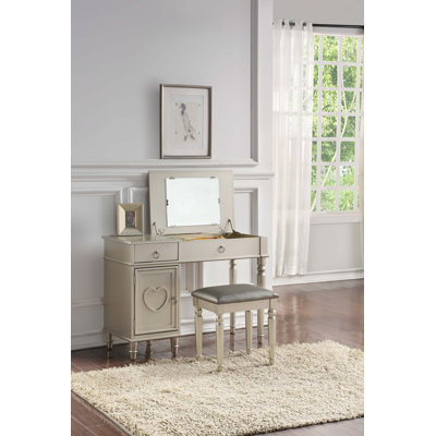Ensemble de meuble-lavabo de chambre à coucher avec tabouret à tiroirs ouverts et tiroirs en bois d'hévéa