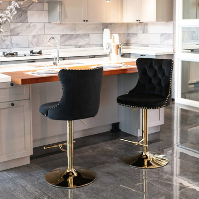 Siège pivotant doré à hauteur réglable de 25 à 33 pouces en velours confortable, tabourets de bar modernes noirs avec dossier, de 2 pour la maison et les îlots de cuisine