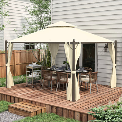 10' X 12' Gazebo. Steel Frame, Curtains For Privacy. Ideal Backyard Gatherings. Beige Outdoor Gazebo With Construction. Privacy Curtains, Double Canopy. Functional Structure.