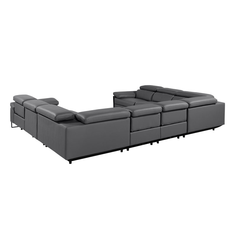 Top Grain Italian Leather 8-Piece U-Shaped Modular Power Reclining Sectional With 4 Power Recliners & Power Headrests – No Console