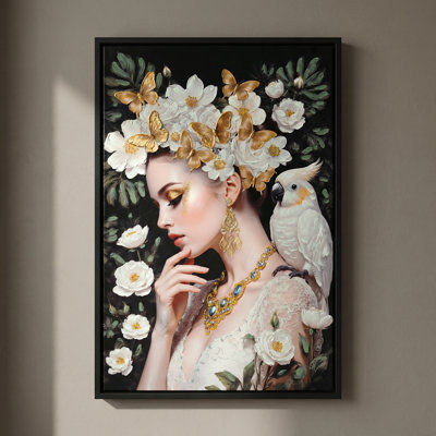 Décoration murale - Élégante déesse florale, peinture avec boucles d'oreilles et accents floraux dorés, affiches de beauté avec perroquet boho pour le bureau du salon