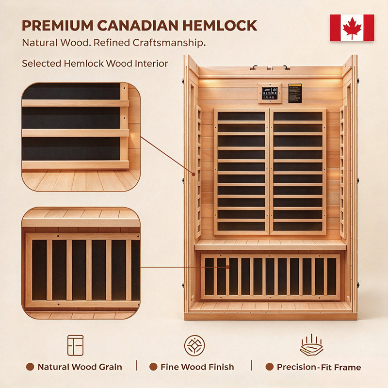 Hongyuan 2-Person Indoor BT Speaker Compatible FAR Infrared Sauna in Okoume & Hemlock with 6 Low EMF Carbon Heaters 