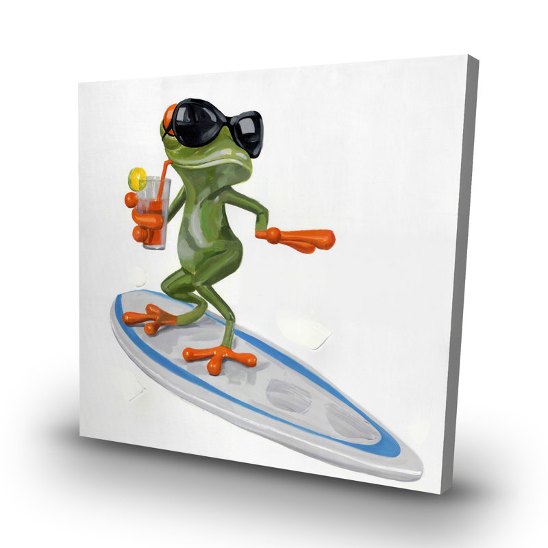 Funny frog surfing - 32"x32" art on canvas
