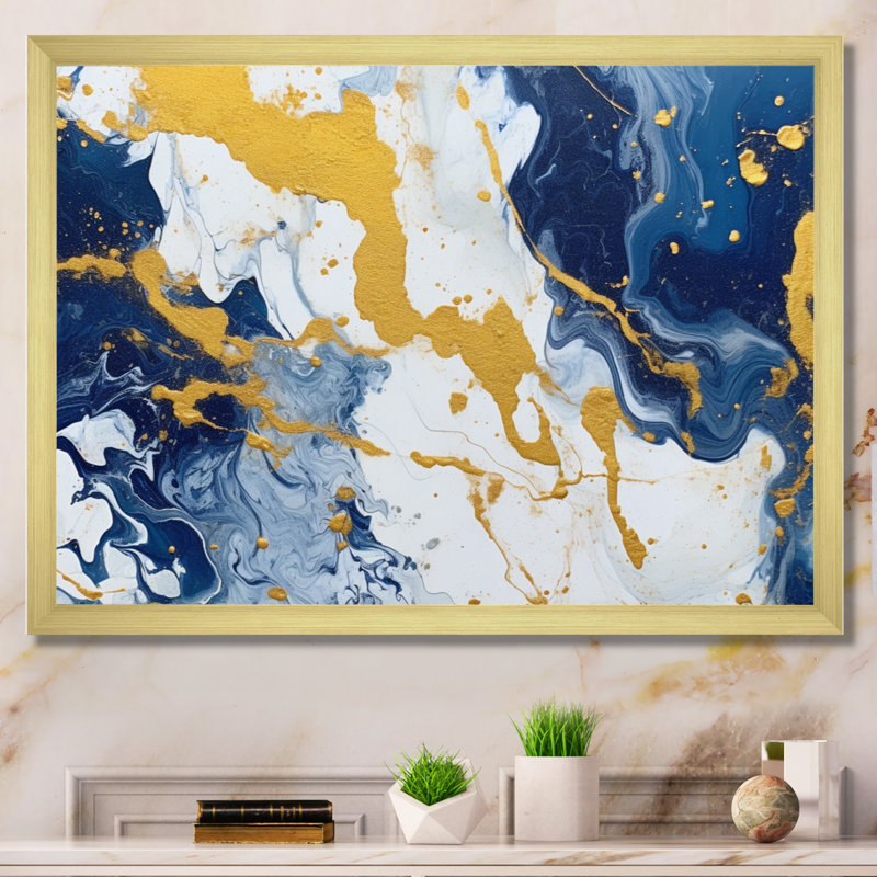 Bleu et or, art abstrait fluide de luxe, art mural fractal pour salon, H 24 po x l 32 po x P 1 po