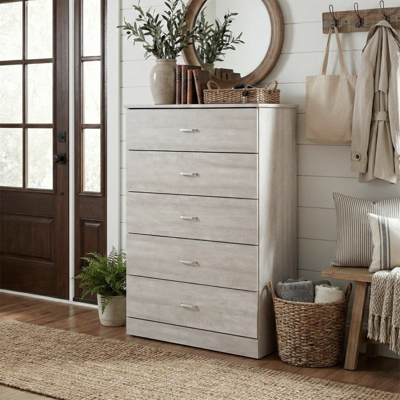 Commode 5 tiroirs Allyannah, Chêne gris cendré