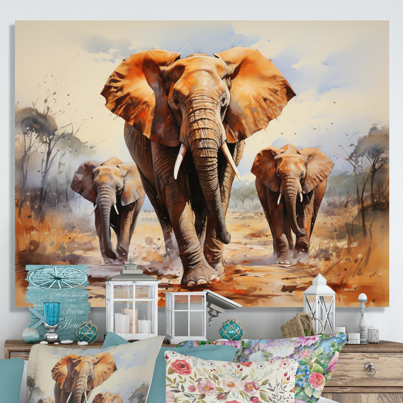 Éléphant d'Afrique, prairies III sur toile, H 24 po x l 32 po x P 1 po, Toile tendue