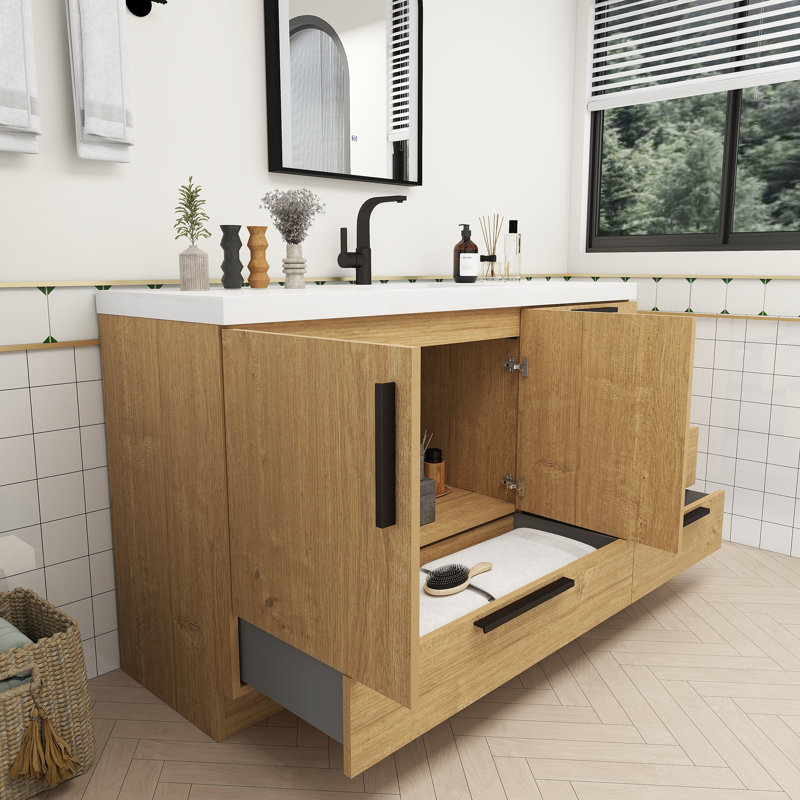Meuble-lavabo autoportant avec tiroirs à droite Carla, 59", Chêne naturel