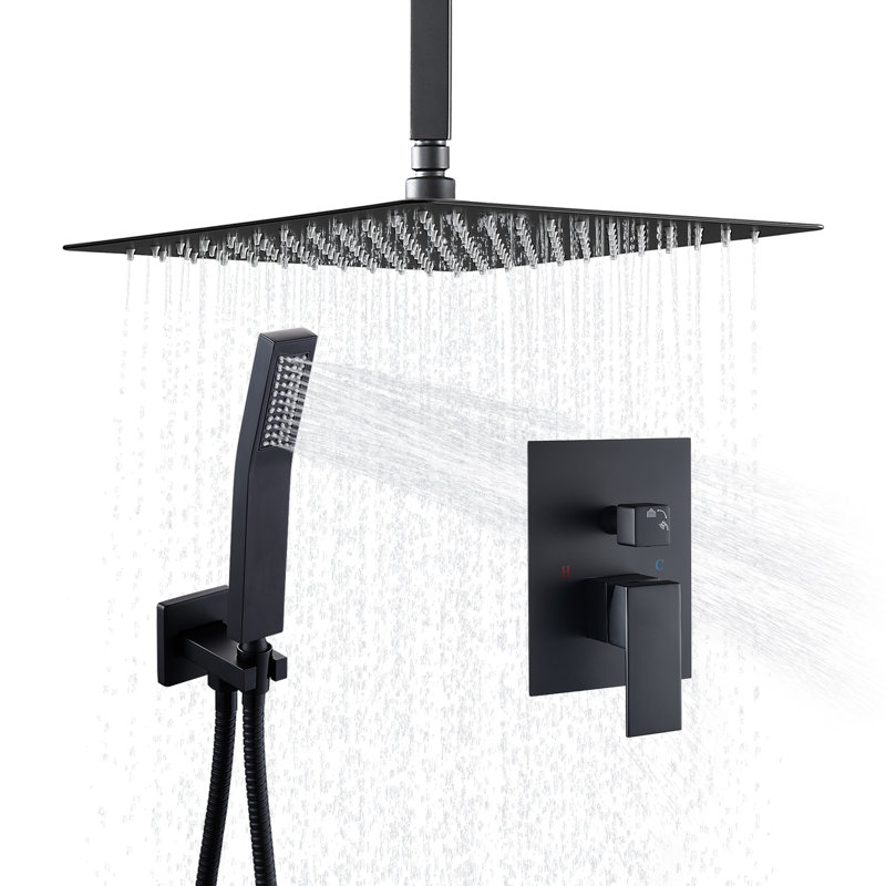 Système complet de douche à pluie avec pomme de douche 12 "au plafond avec valve brute noir mat, Noir mat