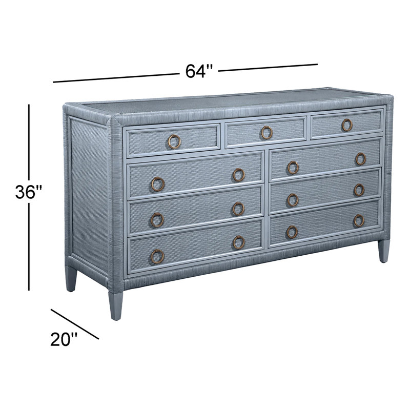 Warwick 9 Drawer Wicker Dresser, Sea Glass, Satin Brass