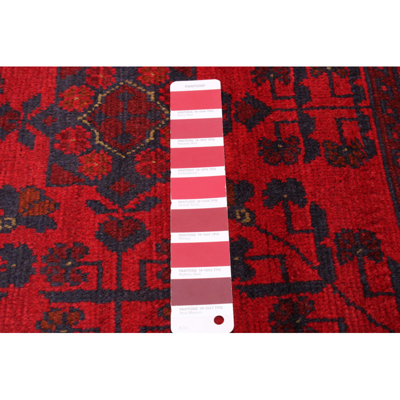 Tapis rouge / noir en laine noué à la main de conception unique 6 pi 8 po x 9 pi 9 po Aguie