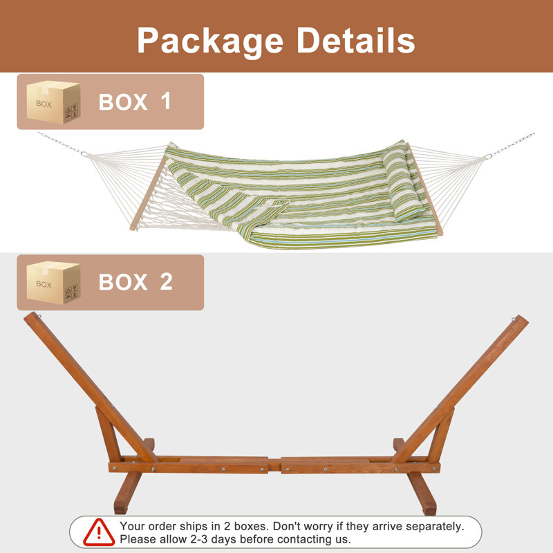 Hamac en corde avec support de hamac en bois réglable de 12 à 14 pieds et coussin amovible