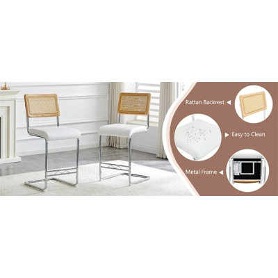 Natural rattan bar stool 4-piece set with solid wood backrest 25 inches medieval modern style counter stool white PU leather kitchen stool chrome metal legs.