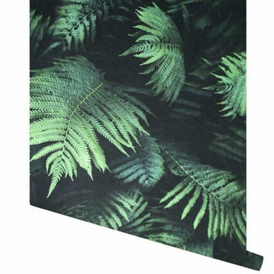 Tropical Jungle Fern Leaves Black Green Mural Realistic Photo Wallpaper