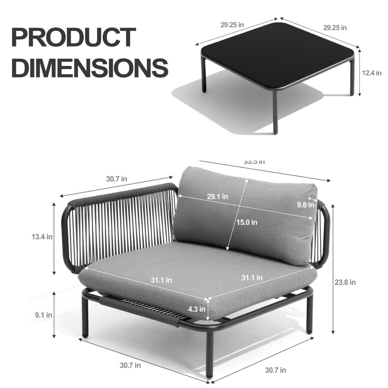 6 Person Modular Outdoor Patio Conversation Sets, Gray Cushion/Black Frame