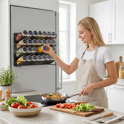 Spice Rack Organizer for Cabinet with 28 Spice Jars, 386 Spice Labels, Magnetic Spice Rack for Refrigerator, Seasoning Organizer, (Black)