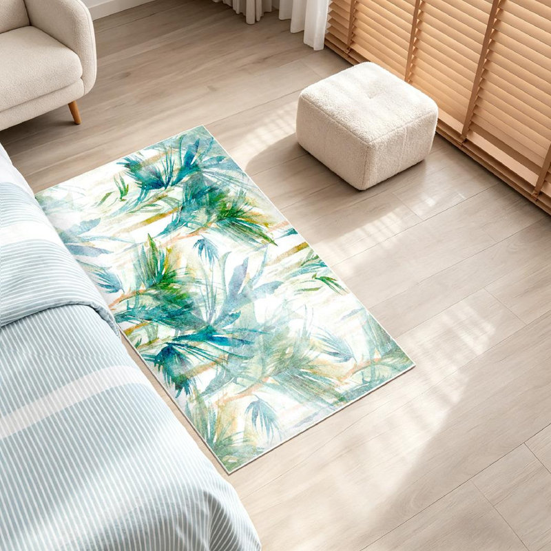 Clear Tropical Trees Abstract Watercolor Packaging Leaf Floral Artwork Machine Washable Indoor Area Rug