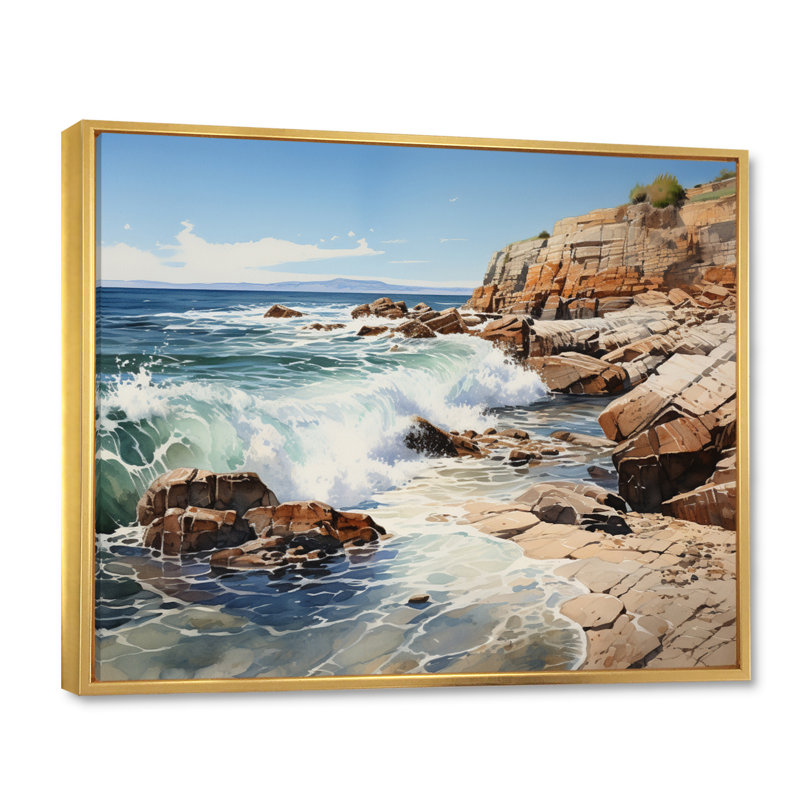 Sachem Rocky Beach, textures rocheuses sur toile, H 16 po x l 32 po x P 1 po, Cadre flottant doré