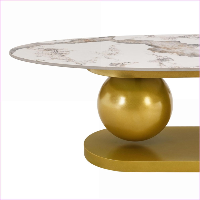 Table basse de salon moderne ovale, plateau en pierre frittée et amp; Base en acier inoxydable doré, facile à nettoyer