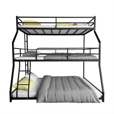 Triple Bed With Long And Short Ladder & Full-Length Guardrails , Easy Assembly ,For Kid Boy Girl ,Black