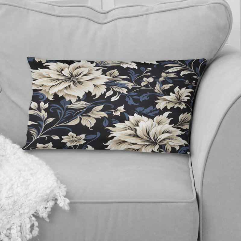Coussin en polyester damassé bleu foncé et beige
