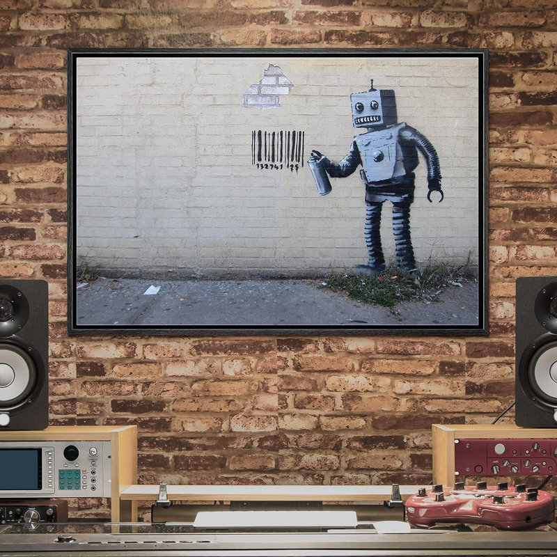 Banksy Robot Spray, peinture à code-barres sur toile, H 16 po x l 24 po x P 1,5 po, Cadre flottant noir
