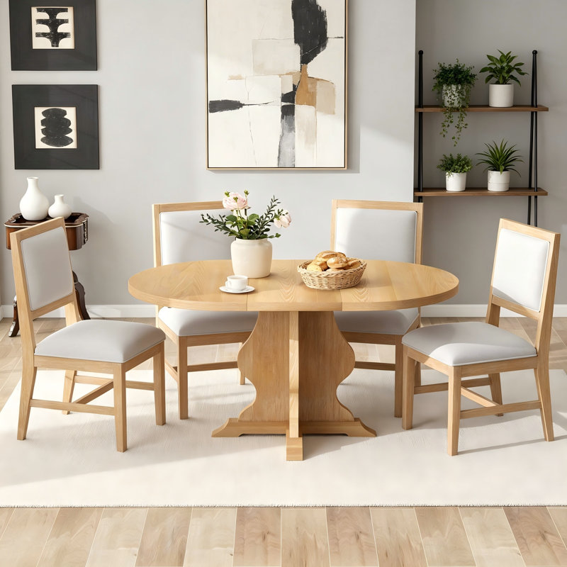 Ensemble de table de salle à manger extensible 5 pièces en bois de style campagnard avec rallonge de 15,7 po et 4 chaises rembourrées