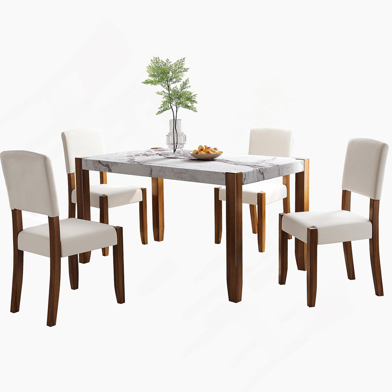 Ensemble de table de salle à manger 5 pièces pour 4 personnes, table de style faux marbre de 46 po et 4 chaises rembourrées avec pieds en bois d'hévéa massif, siège rembourré, dossier incurvé, ensemble de coin-repas compact pour la salle à manger, blanc