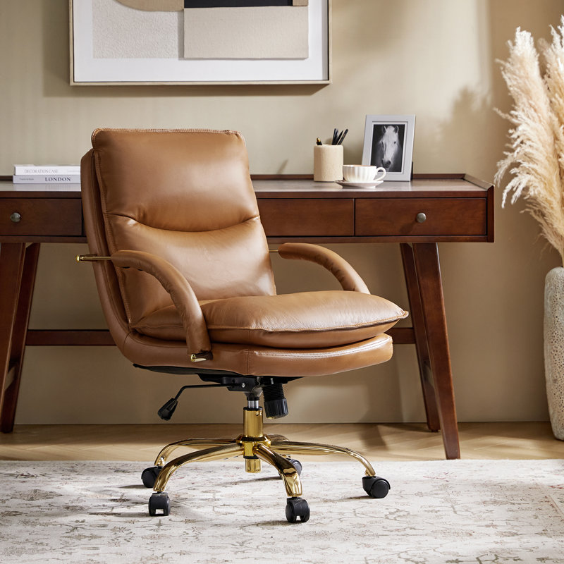 Delmer Modern 23.75"W Genuine Leather Swivel Office Chair with Tilting Function, Camel