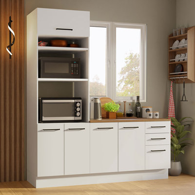 Hokku Designs Hazel 2-Piece Kitchen Storage Set with 3 Door Pantry Cabinet and 3 Drawers Base Cabinet Adjustable Feet 74 Inch Wooden Modern Organizati
