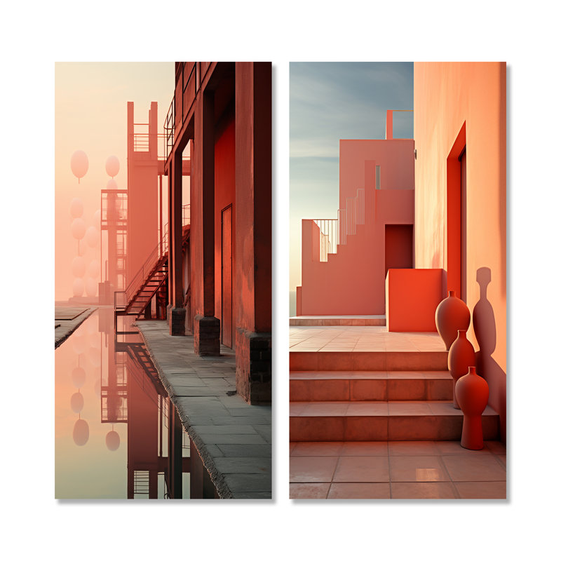 Minimal Industrail Peach Projection - ensemble d'art mural en métal maison de 2, H 32 po x l 32 po
