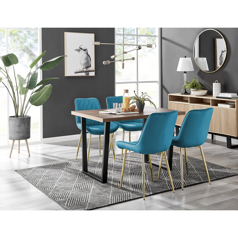 Edzard Industrial Style Wood Effect Dining Table Set with 4 Luxury Velvet Upholstered Dining Chairs, Blue/Gold