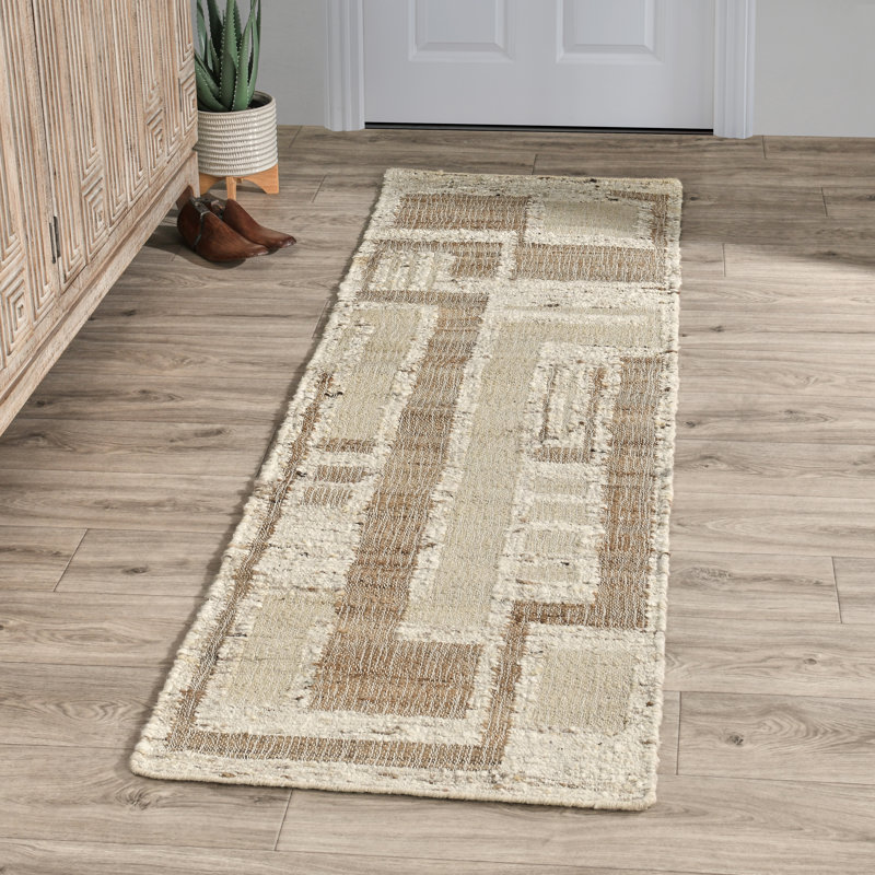 Ivory and Beige Handwoven Wool and Cotton Runner Rug