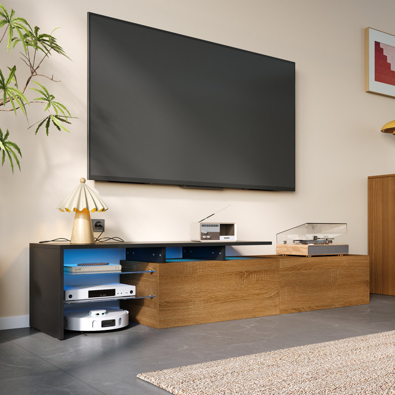 Meuble télé Kashton ultra-brillant avec tablettes en verre et éclairage DEL, Naturel/noir